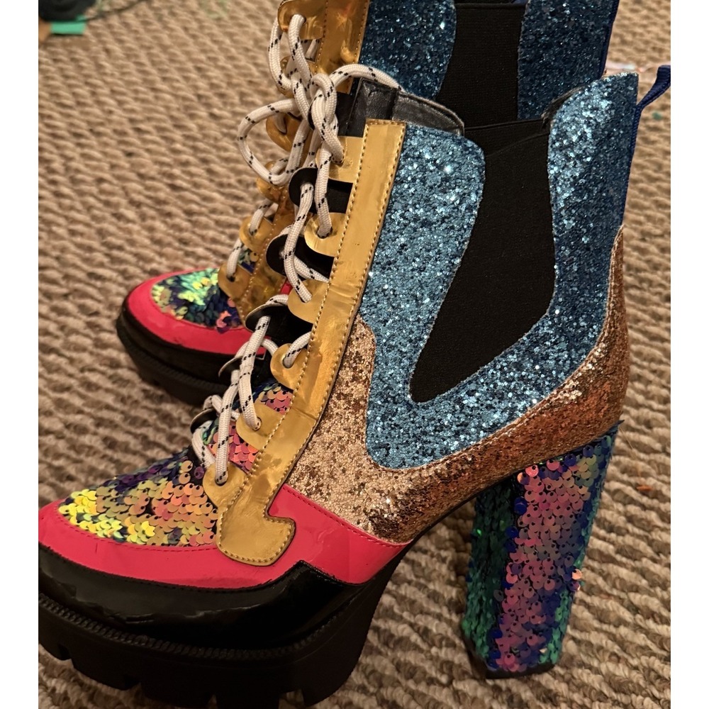 Cape Robbin Nell Chunky Boots Sequin Glitter Platform Pink Gold Sz 11 Festival